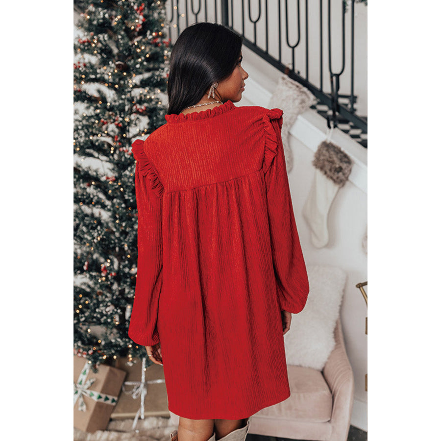 Fiery Red Textured Ruffled Trim V Neck Loose Fit Mini Dress Sale (50% OFF)/Sale (50% OFF)