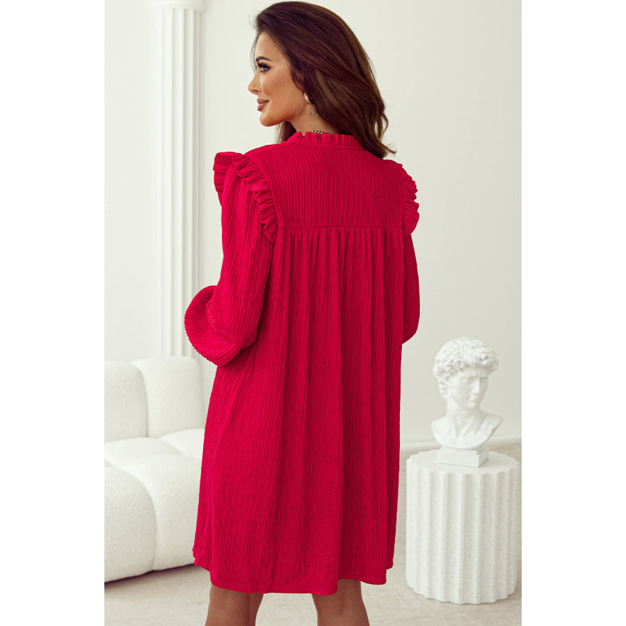 Fiery Red Textured Ruffled Trim V Neck Loose Fit Mini Dress Sale (50% OFF)/Sale (50% OFF)