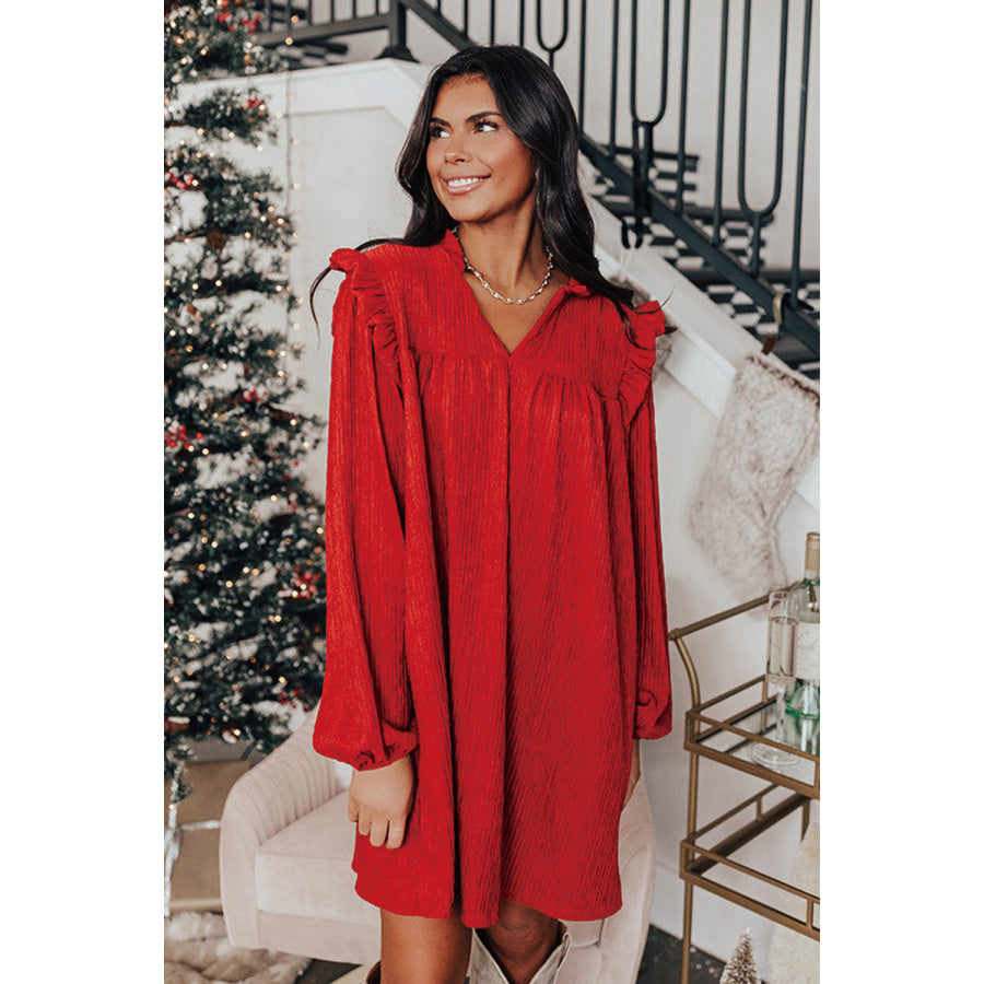 Fiery Red Textured Ruffled Trim V Neck Loose Fit Mini Dress Sale (50% OFF)/Sale (50% OFF)