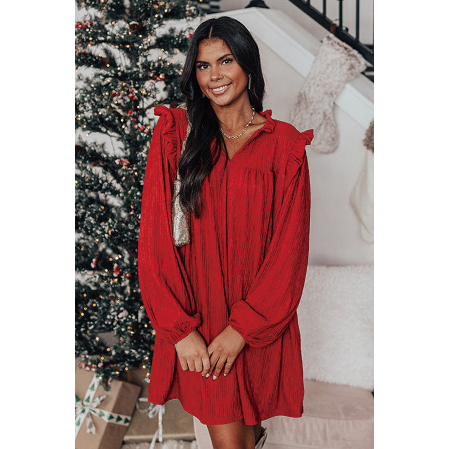 Fiery Red Textured Ruffled Trim V Neck Loose Fit Mini Dress Sale (50% OFF)/Sale (50% OFF)