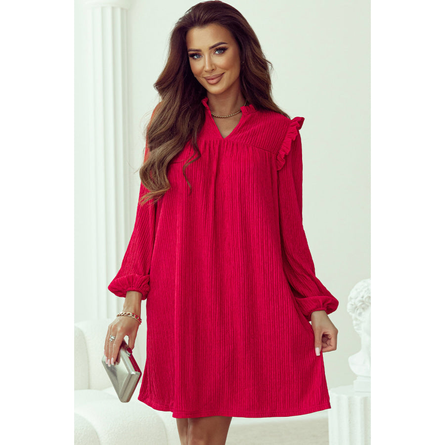 Fiery Red Textured Ruffled Trim V Neck Loose Fit Mini Dress Sale (50% OFF)/Sale (50% OFF)