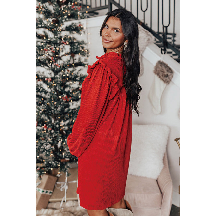Fiery Red Textured Ruffled Trim V Neck Loose Fit Mini Dress Sale (50% OFF)/Sale (50% OFF)