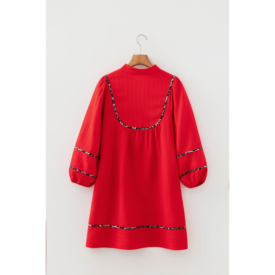 Fiery Red Textured V Neck Leopard Contrasted Trim Long Sleeve Shift Mini Dress Dresses/Mini Dresses