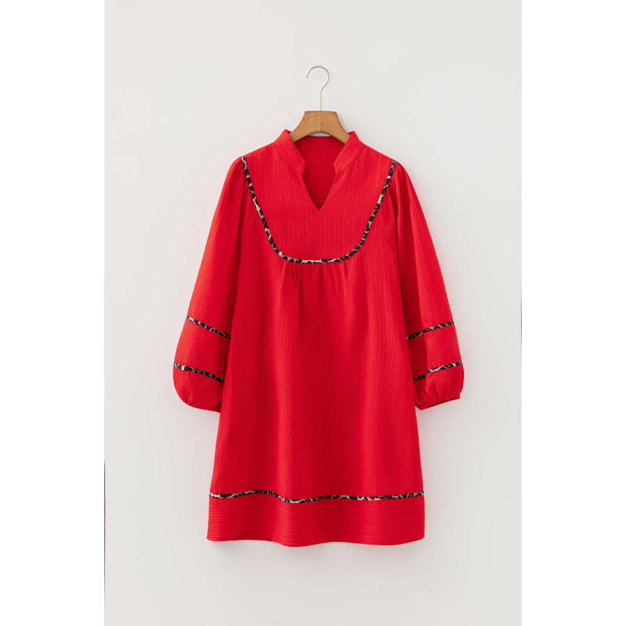Fiery Red Textured V Neck Leopard Contrasted Trim Long Sleeve Shift Mini Dress Dresses/Mini Dresses