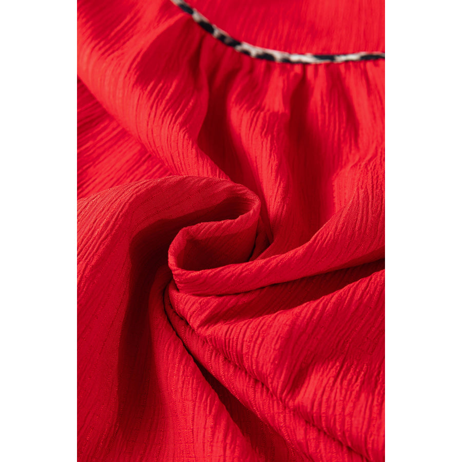 Fiery Red Textured V Neck Leopard Contrasted Trim Long Sleeve Shift Mini Dress Dresses/Mini Dresses