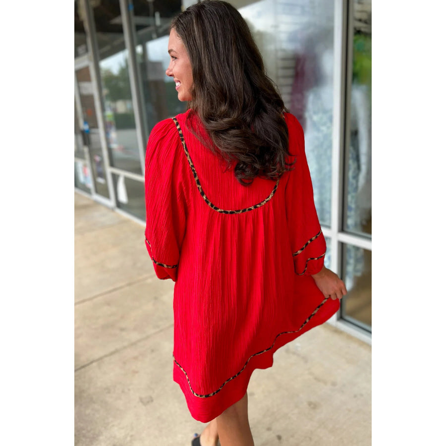 Fiery Red Textured V Neck Leopard Contrasted Trim Long Sleeve Shift Mini Dress Dresses/Mini Dresses