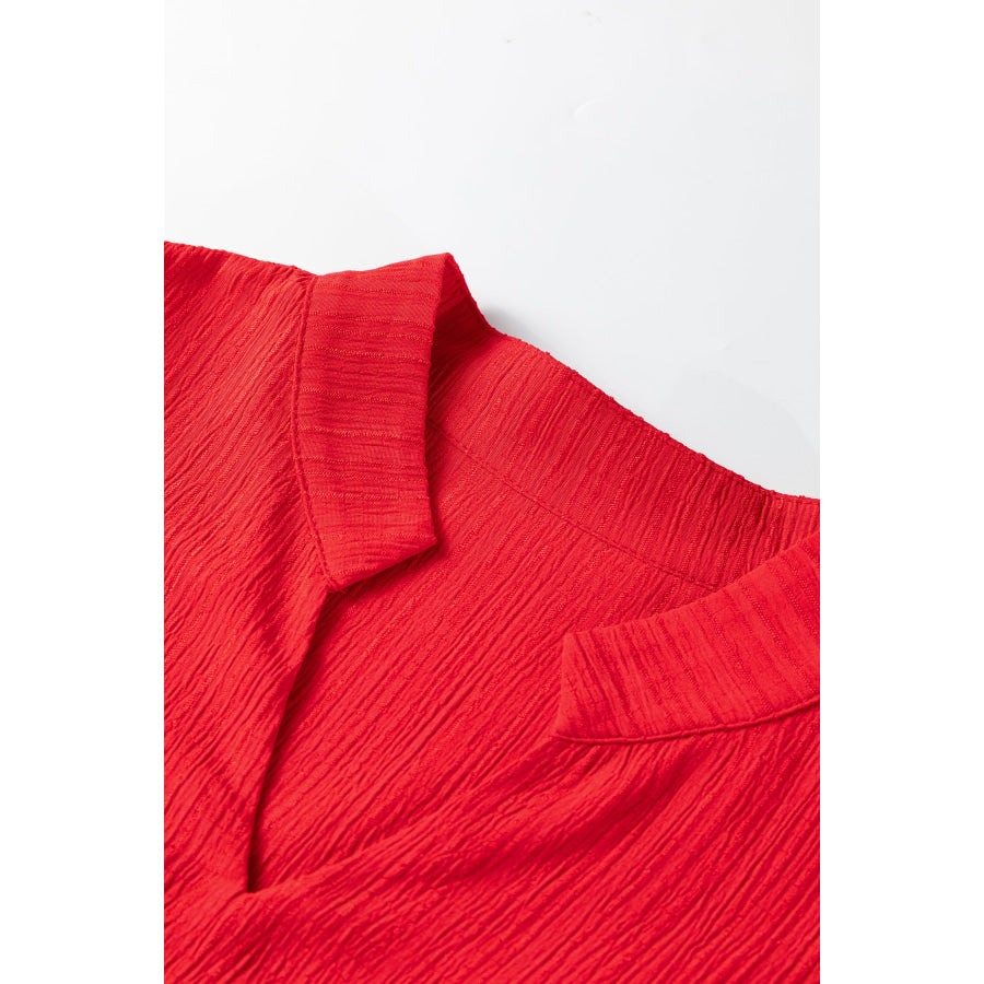 Fiery Red Textured V Neck Leopard Contrasted Trim Long Sleeve Shift Mini Dress Dresses/Mini Dresses