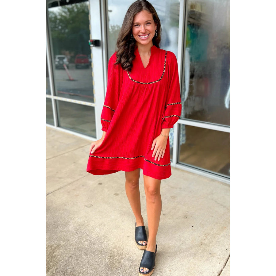 Fiery Red Textured V Neck Leopard Contrasted Trim Long Sleeve Shift Mini Dress Dresses/Mini Dresses