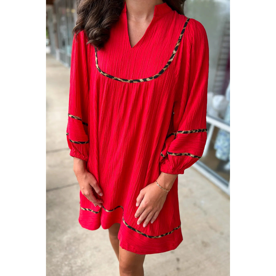 Fiery Red Textured V Neck Leopard Contrasted Trim Long Sleeve Shift Mini Dress Fiery Red / S / 97% Polyester + 3% Elastane Dresses/Mini