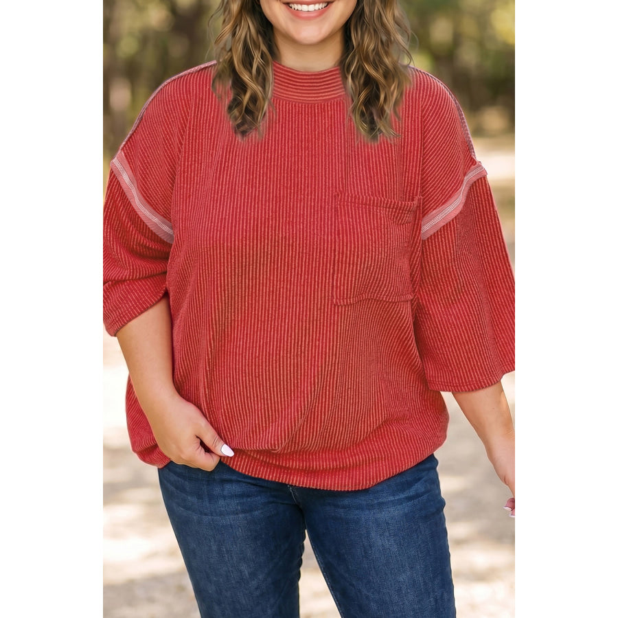 Fiery Red Twist Ribbed Tunic Round Neck Bracelet Sleeve Plus Size Blouse Fiery Red / 1X Plus Size/Plus Size Tops/Plus Size Tops & Tees