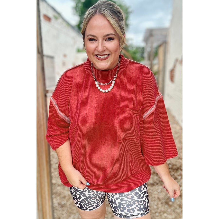 Fiery Red Twist Ribbed Tunic Round Neck Bracelet Sleeve Plus Size Blouse Size/Plus Tops/Plus Tops & Tees