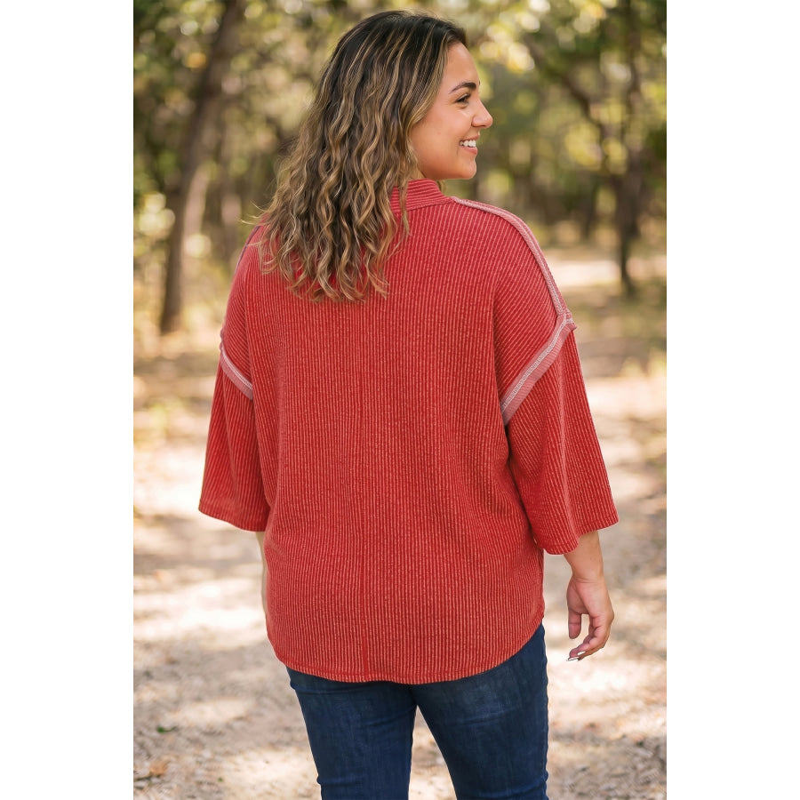 Fiery Red Twist Ribbed Tunic Round Neck Bracelet Sleeve Plus Size Blouse Plus Size/Plus Size Tops/Plus Size Tops & Tees