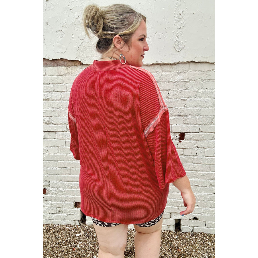 Fiery Red Twist Ribbed Tunic Round Neck Bracelet Sleeve Plus Size Blouse Plus Size/Plus Size Tops/Plus Size Tops & Tees