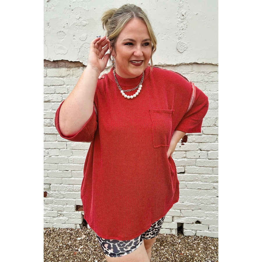 Fiery Red Twist Ribbed Tunic Round Neck Bracelet Sleeve Plus Size Blouse Plus Size/Plus Size Tops/Plus Size Tops & Tees