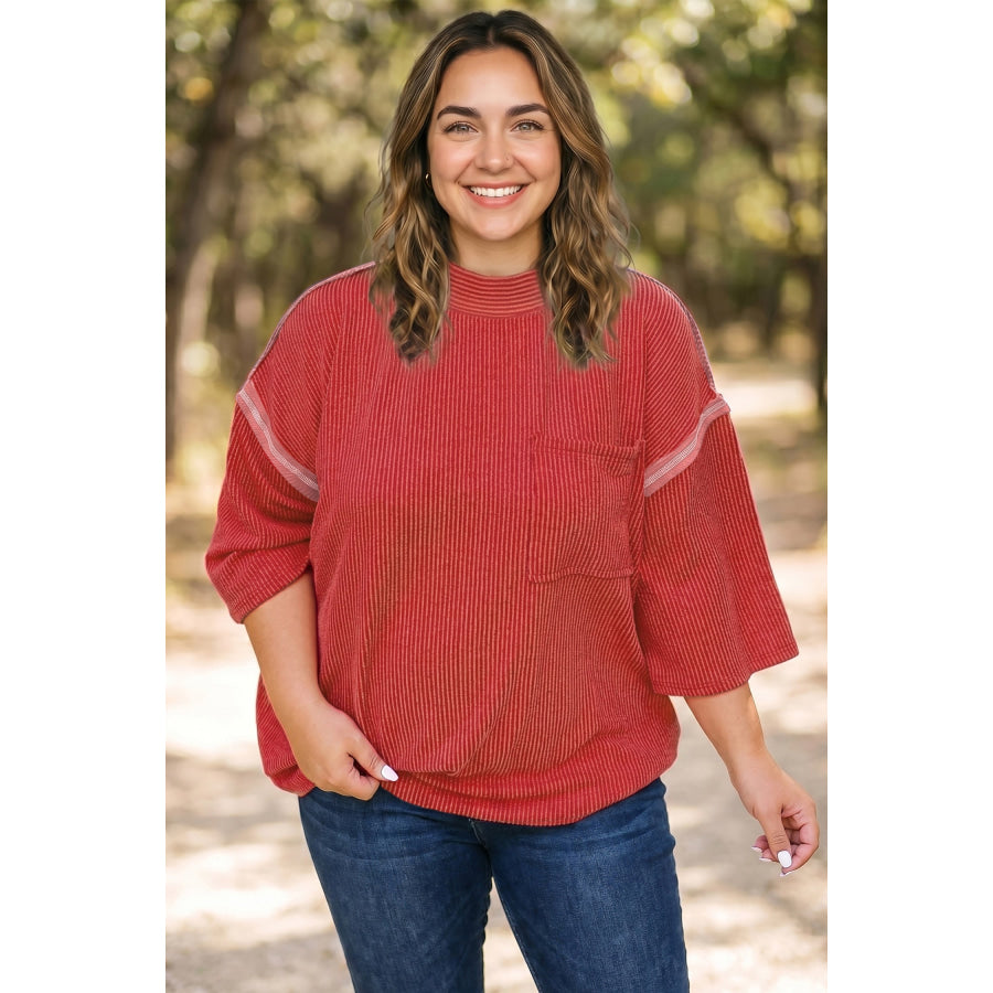 Fiery Red Twist Ribbed Tunic Round Neck Bracelet Sleeve Plus Size Blouse Plus Size/Plus Size Tops/Plus Size Tops & Tees