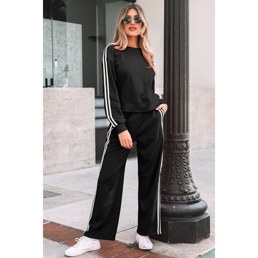 Fiery Red Varsity Striped Detail Crewneck Pullover Elastic Sweatpants 2pcs Outfit Black / S / 65% Polyester + 35% Cotton Two Piece