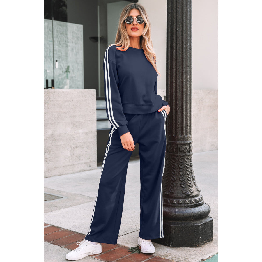 Fiery Red Varsity Striped Detail Crewneck Pullover Elastic Sweatpants 2pcs Outfit Dirty blue / S / 65% Polyester + 35% Cotton Two Piece