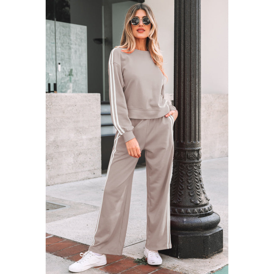 Fiery Red Varsity Striped Detail Crewneck Pullover Elastic Sweatpants 2pcs Outfit Gray Morn / S / 65% Polyester + 35% Cotton Two Piece