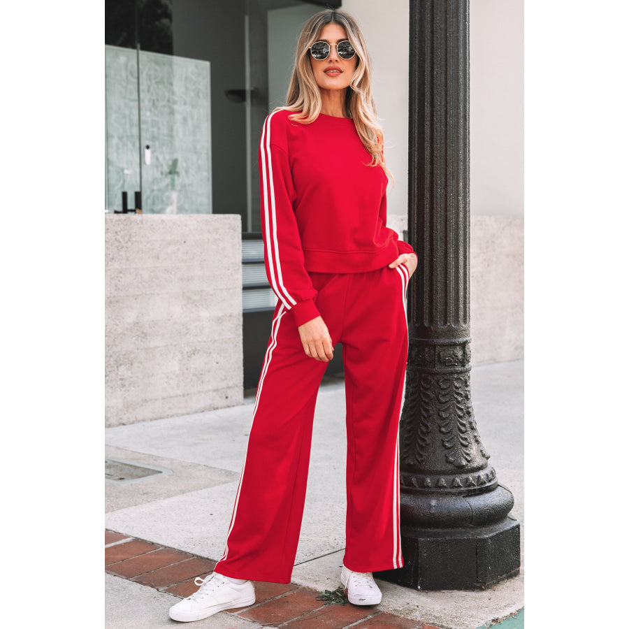Fiery Red Varsity Striped Detail Crewneck Pullover Elastic Sweatpants 2pcs Outfit Fiery Red / S / 65% Polyester + 35% Cotton Two Piece