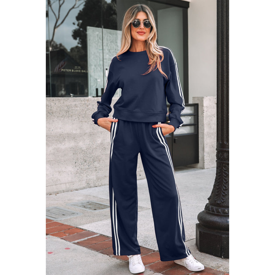 Fiery Red Varsity Striped Detail Crewneck Pullover Elastic Sweatpants 2pcs Outfit Two Piece Sets/Pant Sets