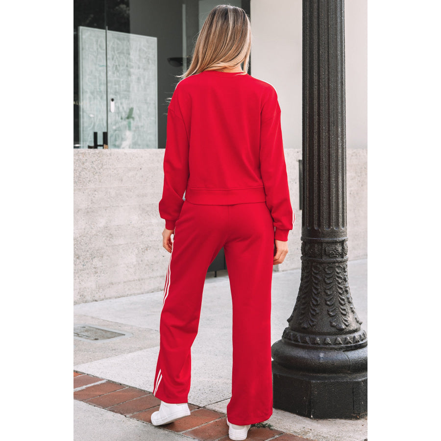 Fiery Red Varsity Striped Detail Crewneck Pullover Elastic Sweatpants 2pcs Outfit Two Piece Sets/Pant Sets