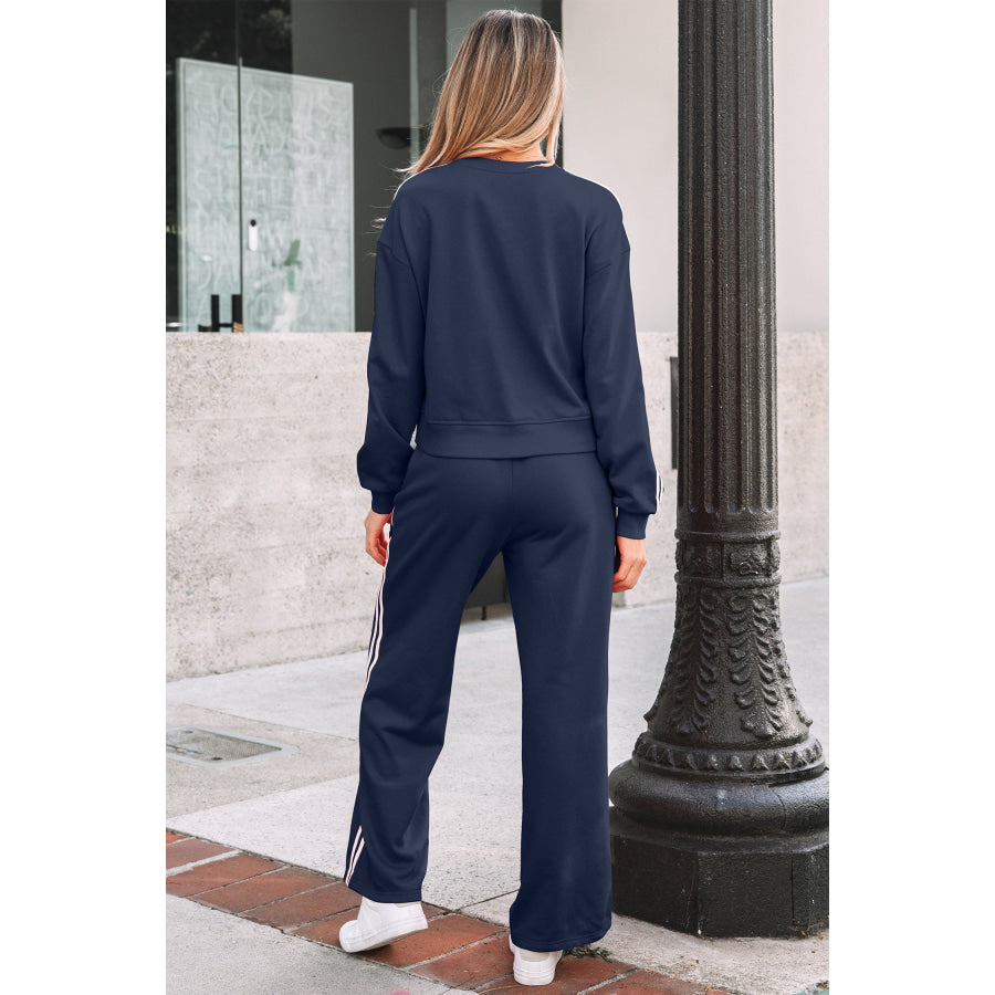 Fiery Red Varsity Striped Detail Crewneck Pullover Elastic Sweatpants 2pcs Outfit Two Piece Sets/Pant Sets