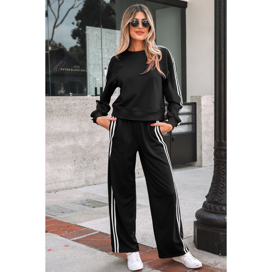 Fiery Red Varsity Striped Detail Crewneck Pullover Elastic Sweatpants 2pcs Outfit Two Piece Sets/Pant Sets