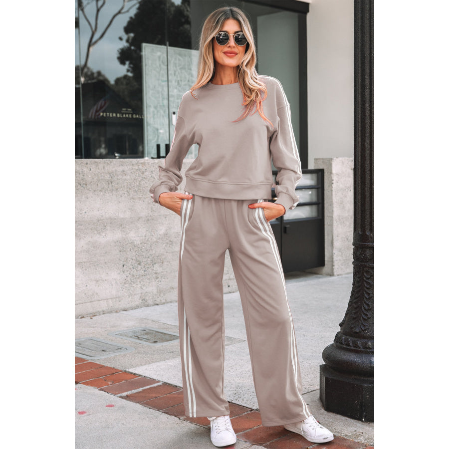 Fiery Red Varsity Striped Detail Crewneck Pullover Elastic Sweatpants 2pcs Outfit Two Piece Sets/Pant Sets