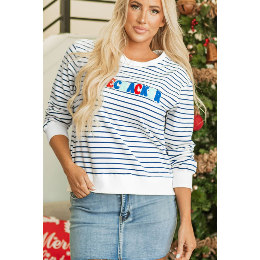 FIRECRACKER Striped Round Neck Long Sleeve Sweatshirt Apparel and Accessories