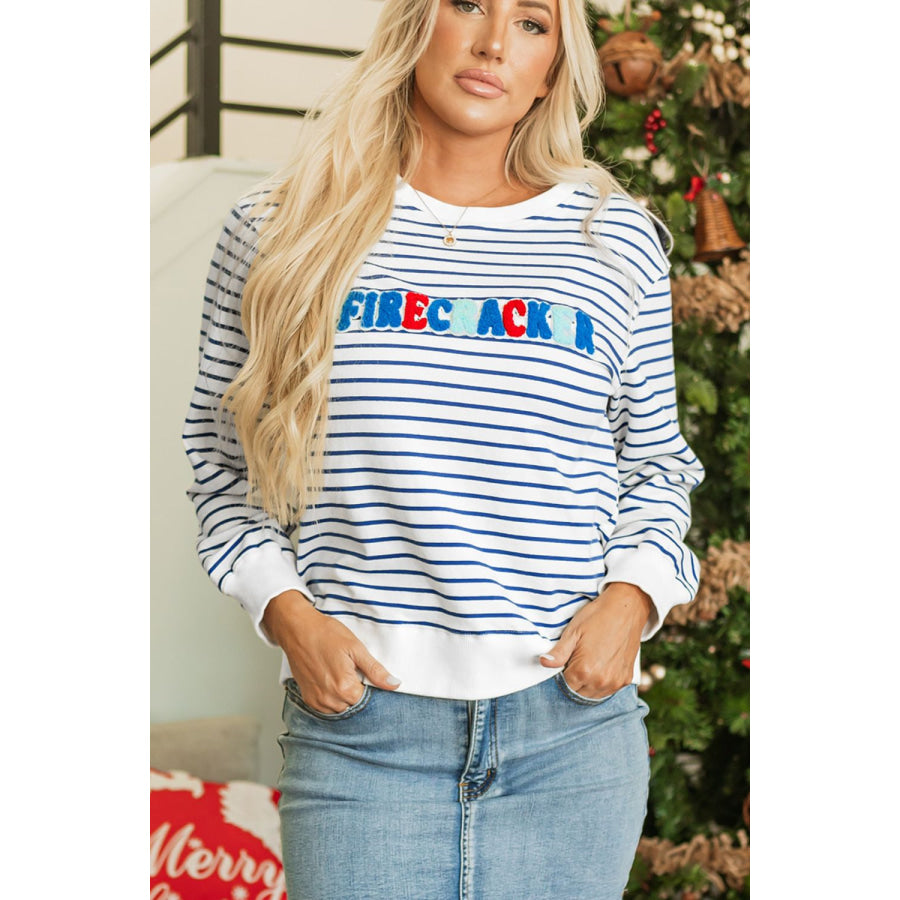 FIRECRACKER Striped Round Neck Long Sleeve Sweatshirt Apparel and Accessories