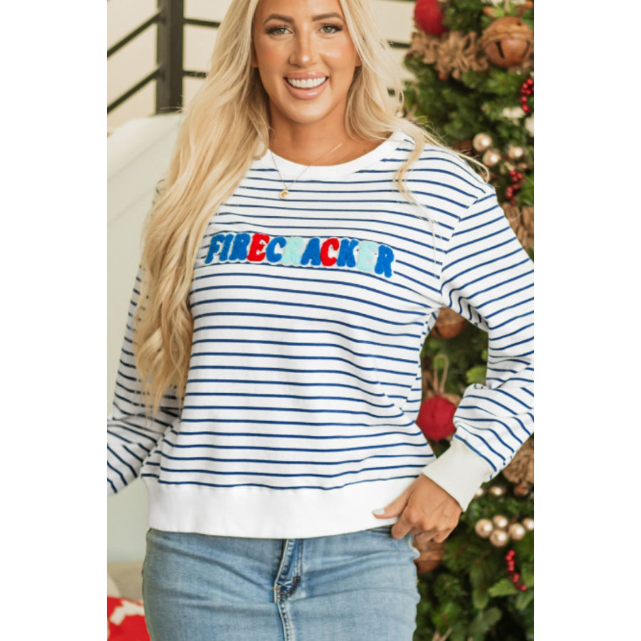 FIRECRACKER Striped Round Neck Long Sleeve Sweatshirt Apparel and Accessories