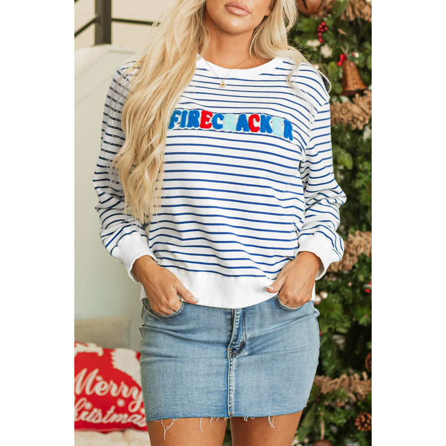 FIRECRACKER Striped Round Neck Long Sleeve Sweatshirt White / M Apparel and Accessories