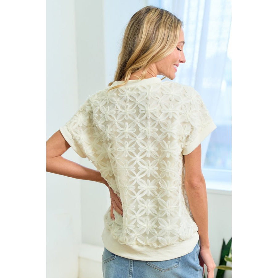 First Love 3D Mesh Flower Round Neck Short Sleeve Top Ivory / S Apparel and Accessories