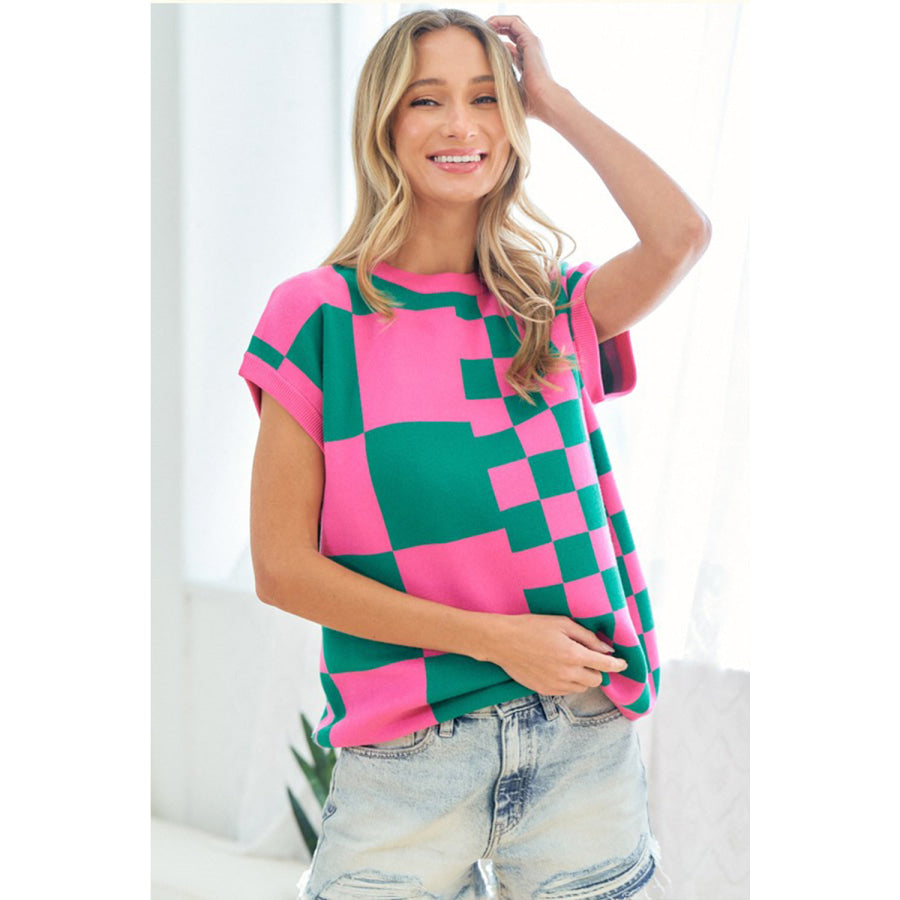 First Love Checkered Drop Shoulder Knit Top Apparel and Accessories