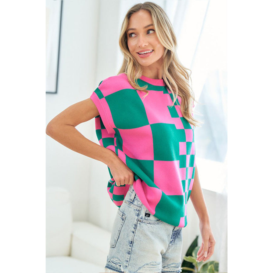 First Love Checkered Drop Shoulder Knit Top Apparel and Accessories