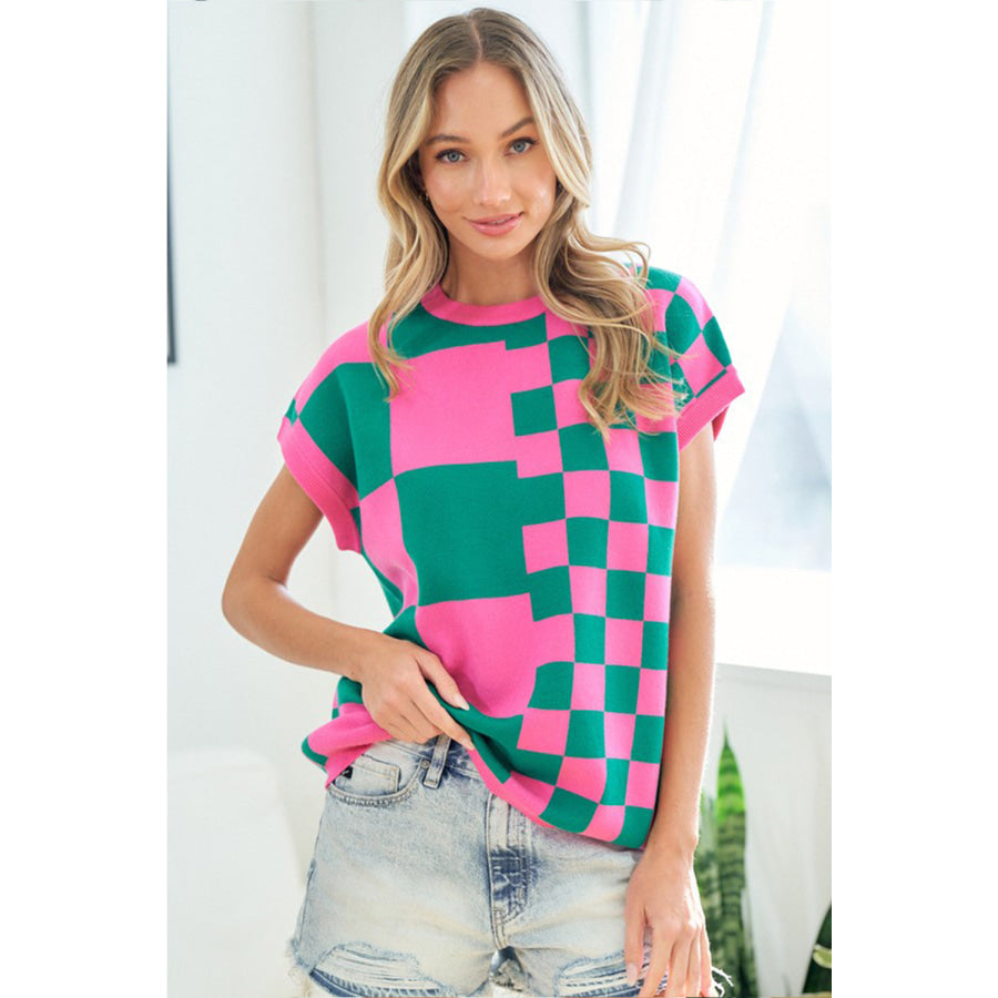 First Love Checkered Drop Shoulder Knit Top Apparel and Accessories