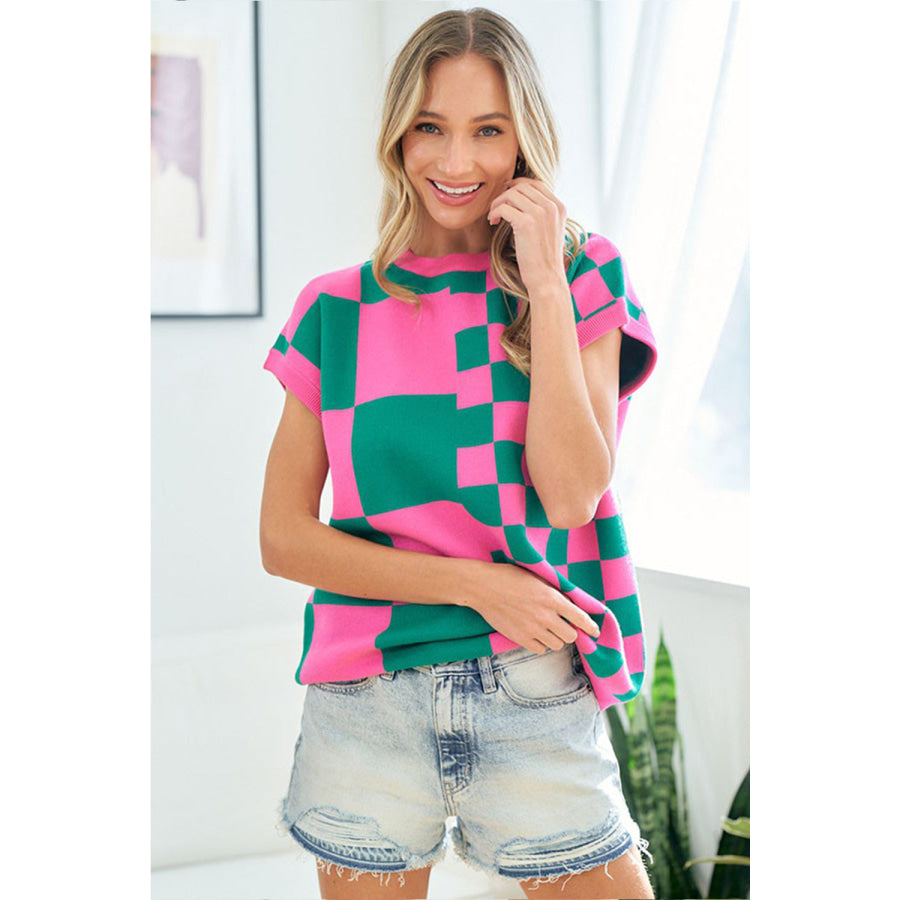 First Love Checkered Drop Shoulder Knit Top Apparel and Accessories