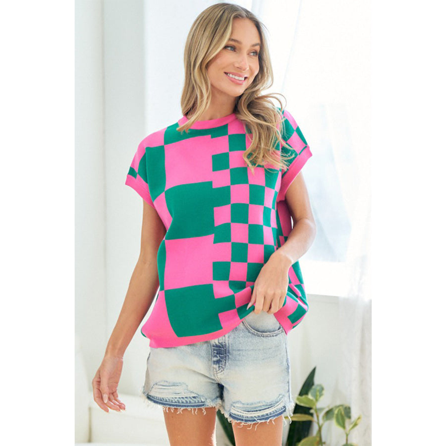 First Love Checkered Drop Shoulder Knit Top Green Pink / S Apparel and Accessories