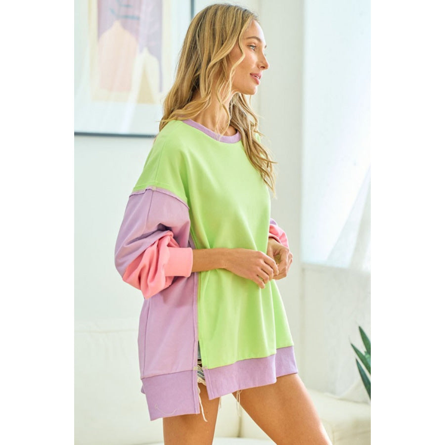 First Love Color Block Long Sleeve Slit Sweatshirt Apparel and Accessories