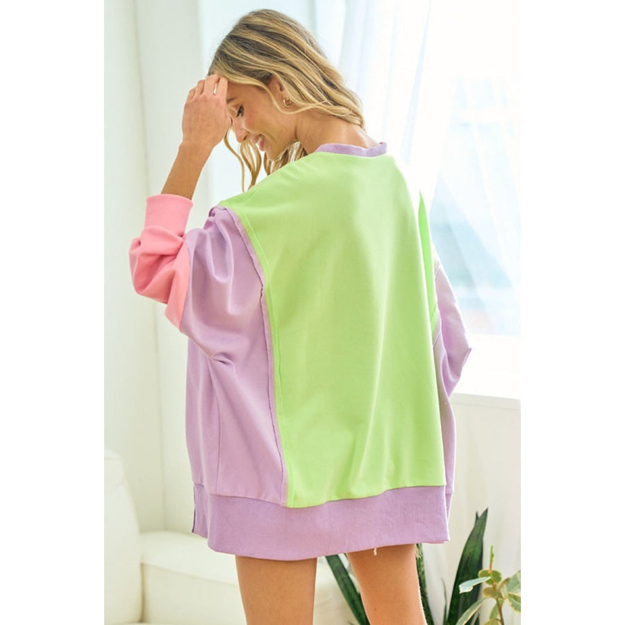 First Love Color Block Long Sleeve Slit Sweatshirt Lime Multi / S Apparel and Accessories
