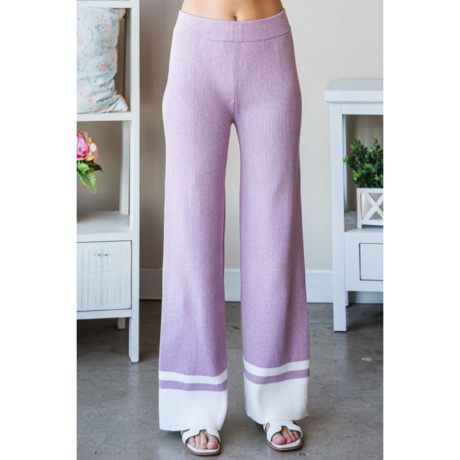 First Love Contrast Ribbed Knit Pants Pale Lilac / S Apparel and Accessories