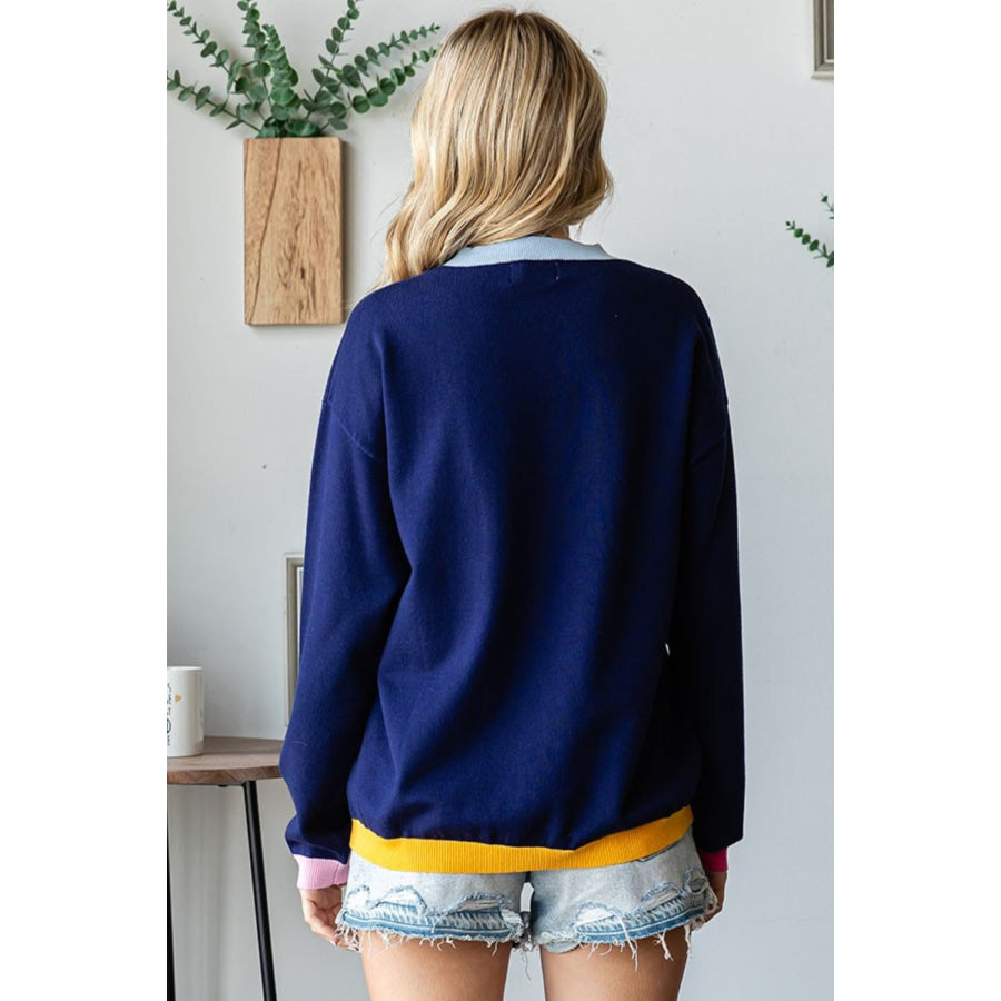 First Love Contrast Ribbed Round Neck Long Sleeve Sweater Navy Multi / S Apparel and Accessories