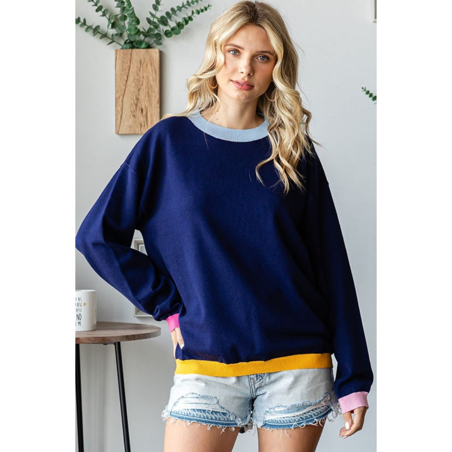 First Love Contrast Ribbed Round Neck Long Sleeve Sweater Navy Multi / S Apparel and Accessories