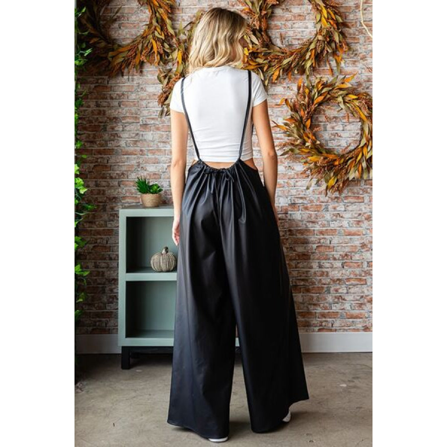 First Love Drawstring Back Spaghetti Strap Wide Leg Overall Black / S Apparel and Accessories