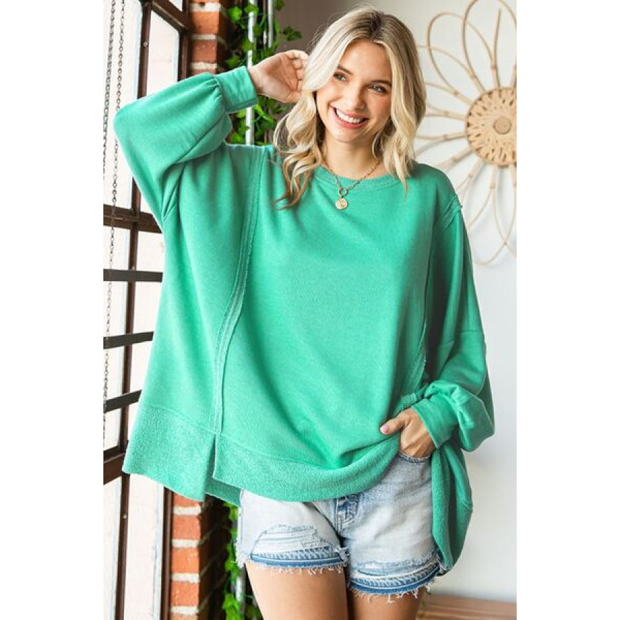 First Love Exposed Seam Round Neck Dropped Shoulder Blouse MINT / S Apparel and Accessories