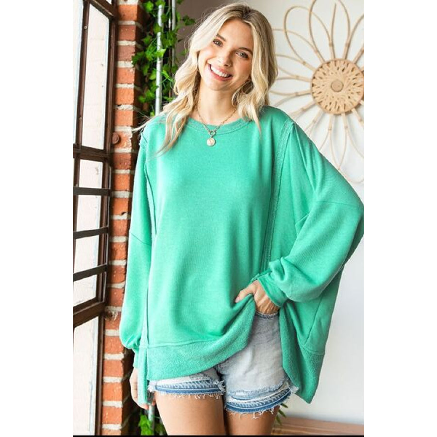 First Love Exposed Seam Round Neck Dropped Shoulder Blouse MINT / S Apparel and Accessories