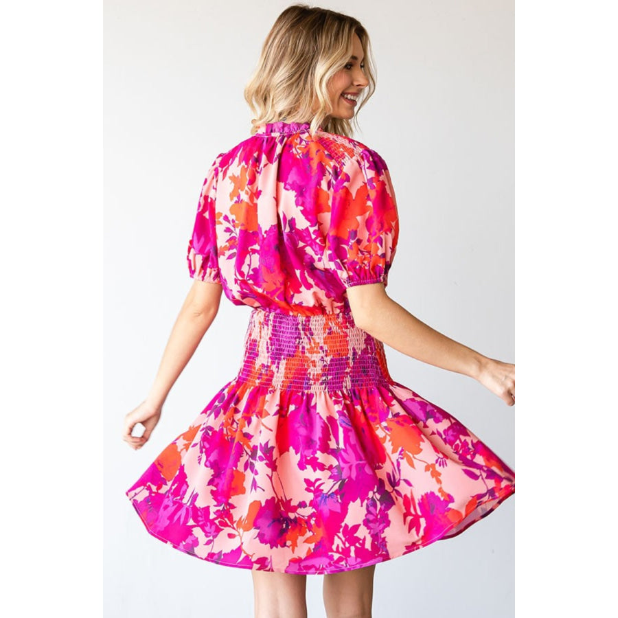 First Love Floral Short Sleeve Smocked Mini Dress Fuchsia Multi / S Apparel and Accessories