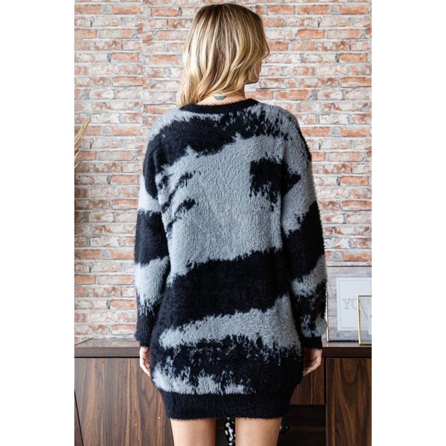 First Love Full Size Abstract Pattern Contrast Feather Yarn Sweater Apparel and Accessories