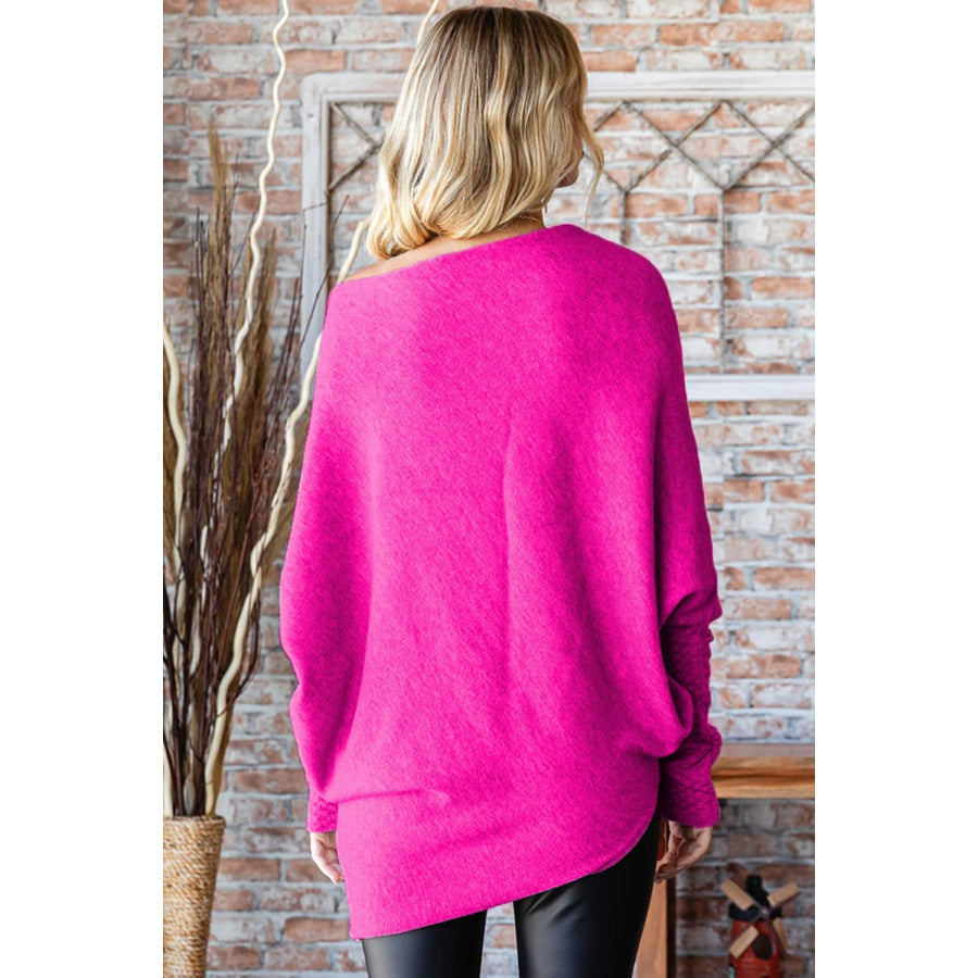 First Love Full Size Asymmetrical Hem Dolman Sleeve Sweater Fuchsia / One Size-Regular Apparel and Accessories