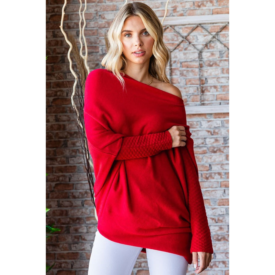 First Love Full Size Asymmetrical Hem Dolman Sleeve Sweater Burgundy / One Size-Regular Apparel and Accessories